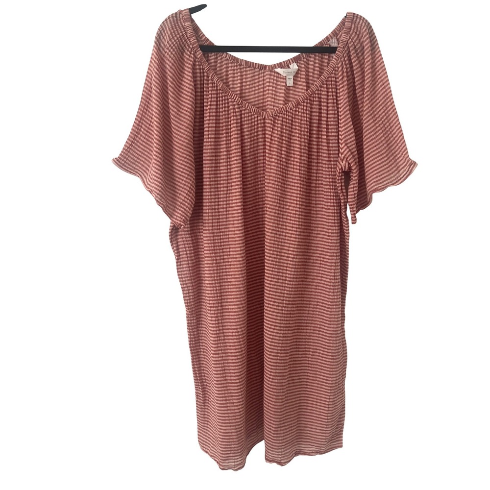 Garnet Hill Sz L Gauzy 100% Organic Cotton Striped Red Coverup Sheer Dress Beach